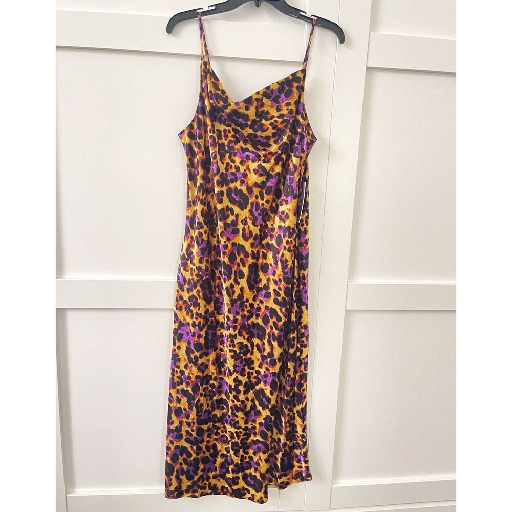 Emma & Michele Women’s L Purple Leopard Satin Slip Maxi Dress Cowl Neck